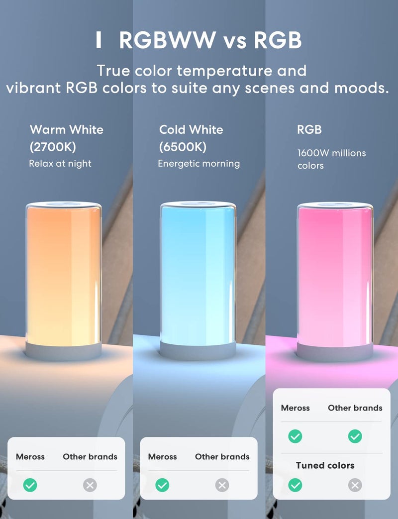 meross Smart Table Lamp, Bedside Lamp, Compatible with Apple HomeKit, Siri, Amazon Alexa and SmartThings, Tunable White and Multi-Color, Touch Control, Voice and App Control - Image 3